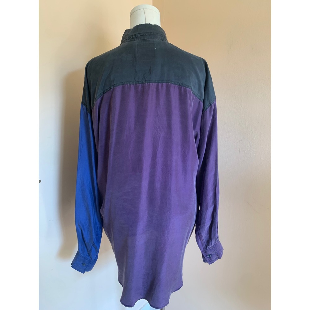 In Private Vintage 100% Silk Colorblock Button Down Shirt Large Blue Purple - Picture 2 of 7